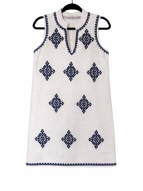 Tory Burch Celeste Embroidered Linen Blend Mini Dress – Ivory/Navy – Size M